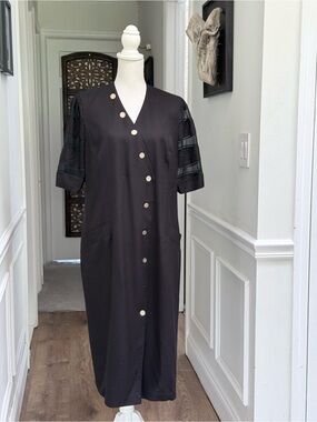 Vintage Fink Modell Black Midi Dress US 10 Sheer Sleeve Gold Anchor Buttons